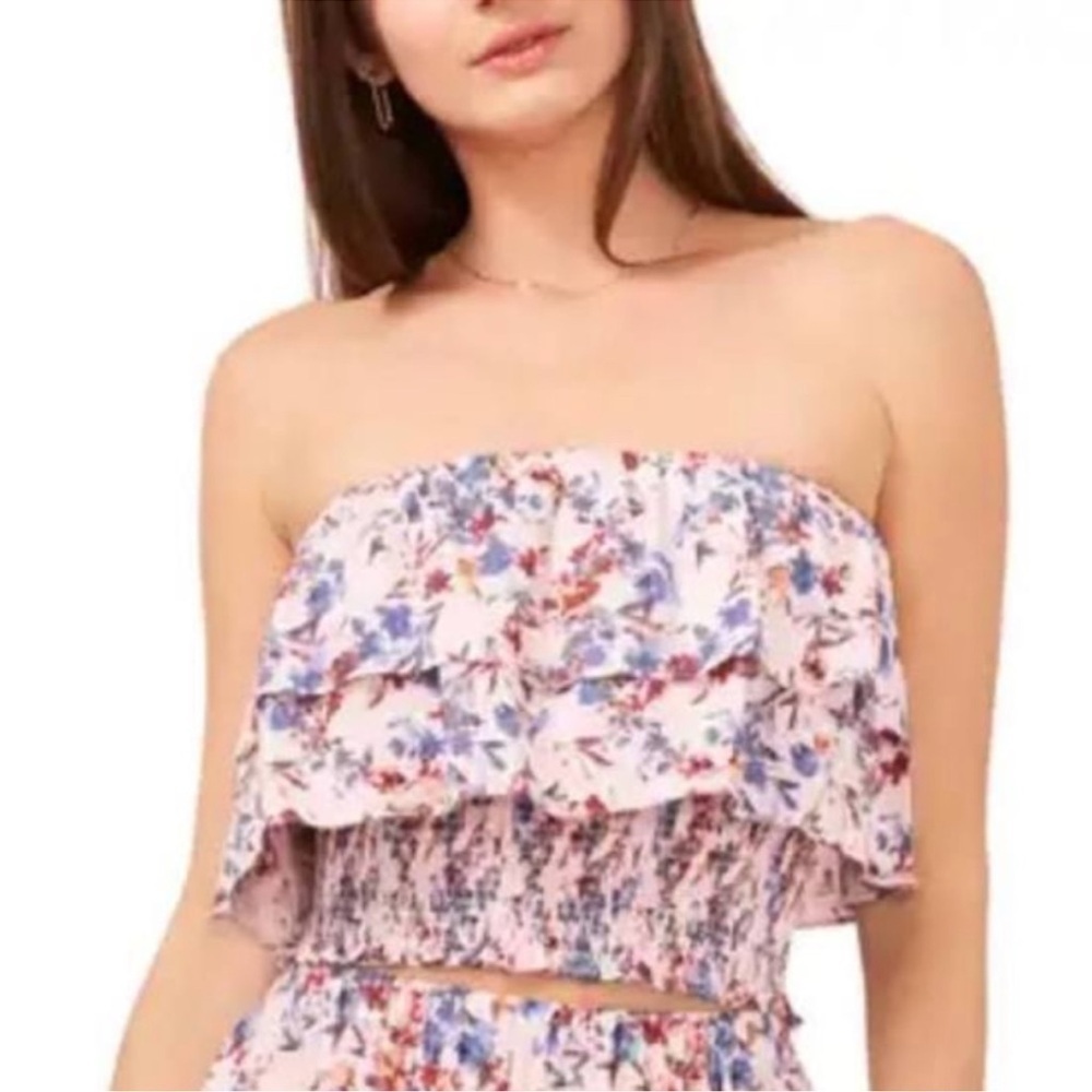NWOT 1.State Ruffle Bandeau Crop Top XL Pink Purple  Floral Smocked Strapless